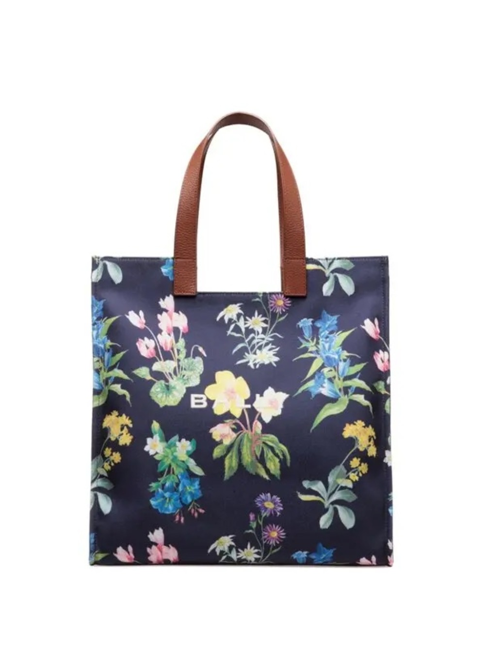 Bally Easy Floral Print Canvas Navy Tote with Brown Leather Handles